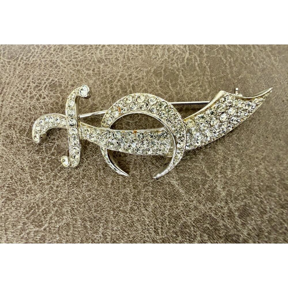 Vintage‎ Chunky sword brooch Clear Pave Rhinestones, Rhodium plate 3” Long GUC